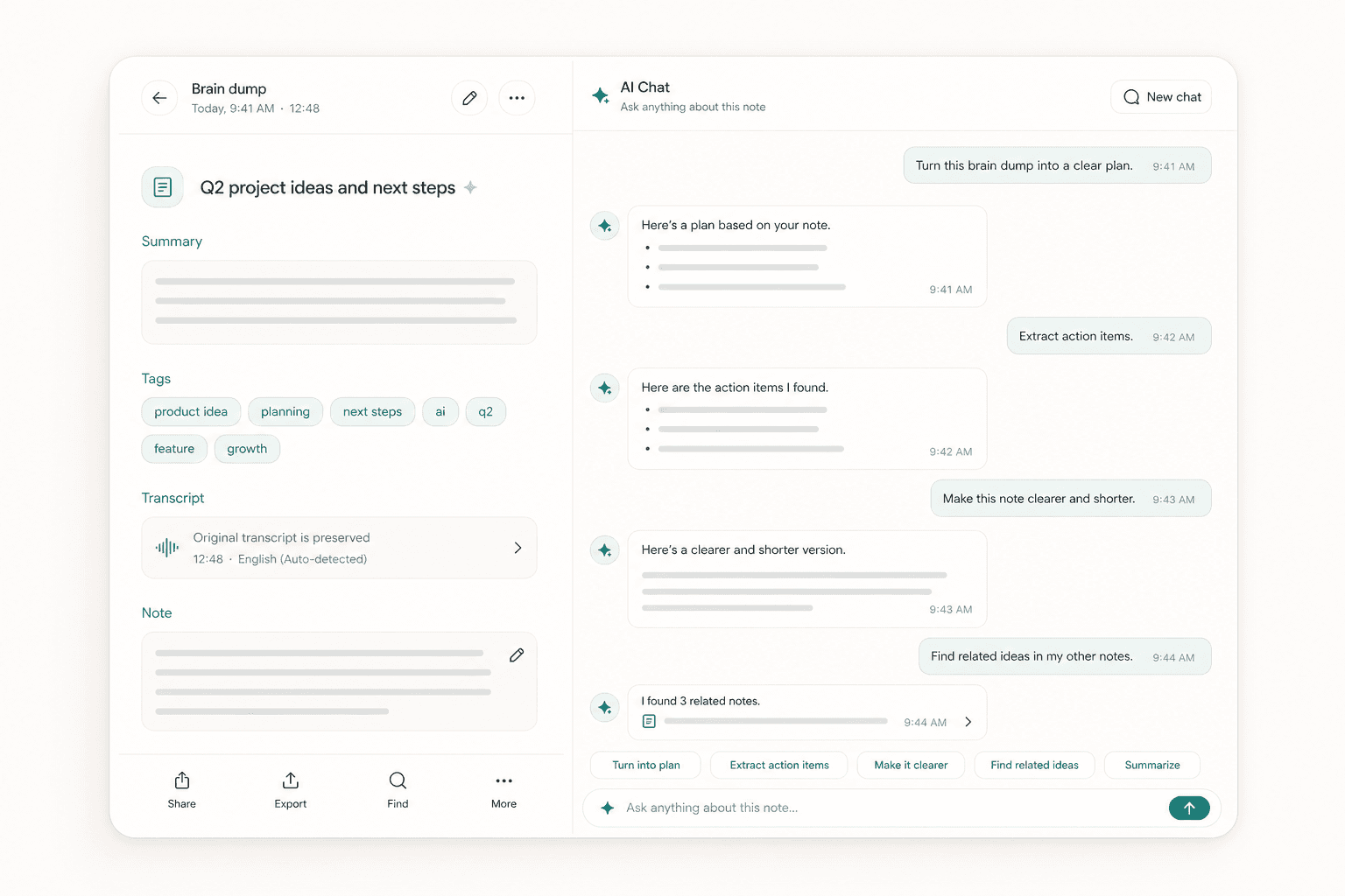 Scriptor AI chat preview showing a brain dump note and AI prompts to turn thoughts into a plan, extract action items, clarify notes, and find related ideas.