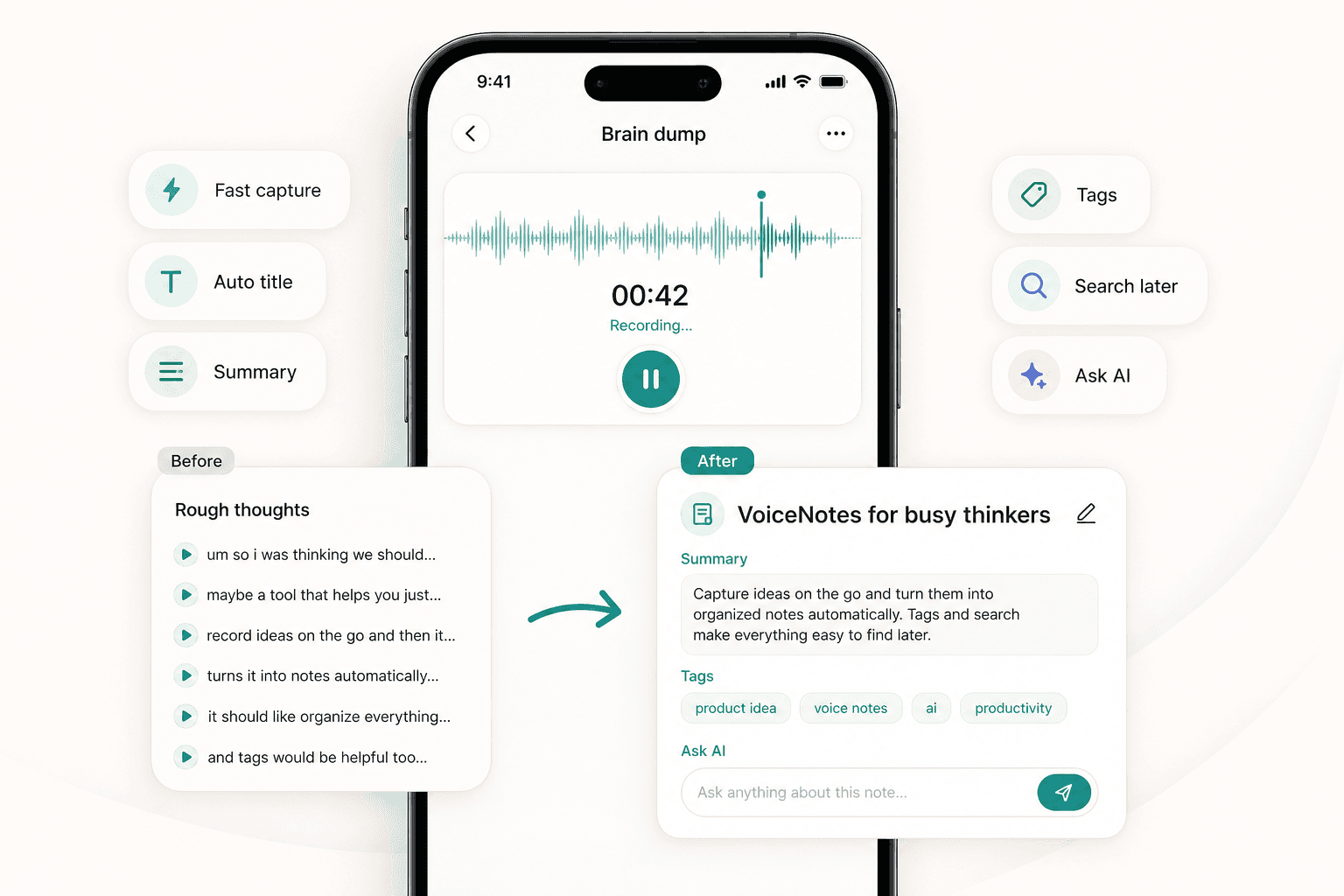 Scriptor brain dump preview showing an iPhone recording screen, rough thoughts, and an organized AI note with summary, tags, search, and chat.