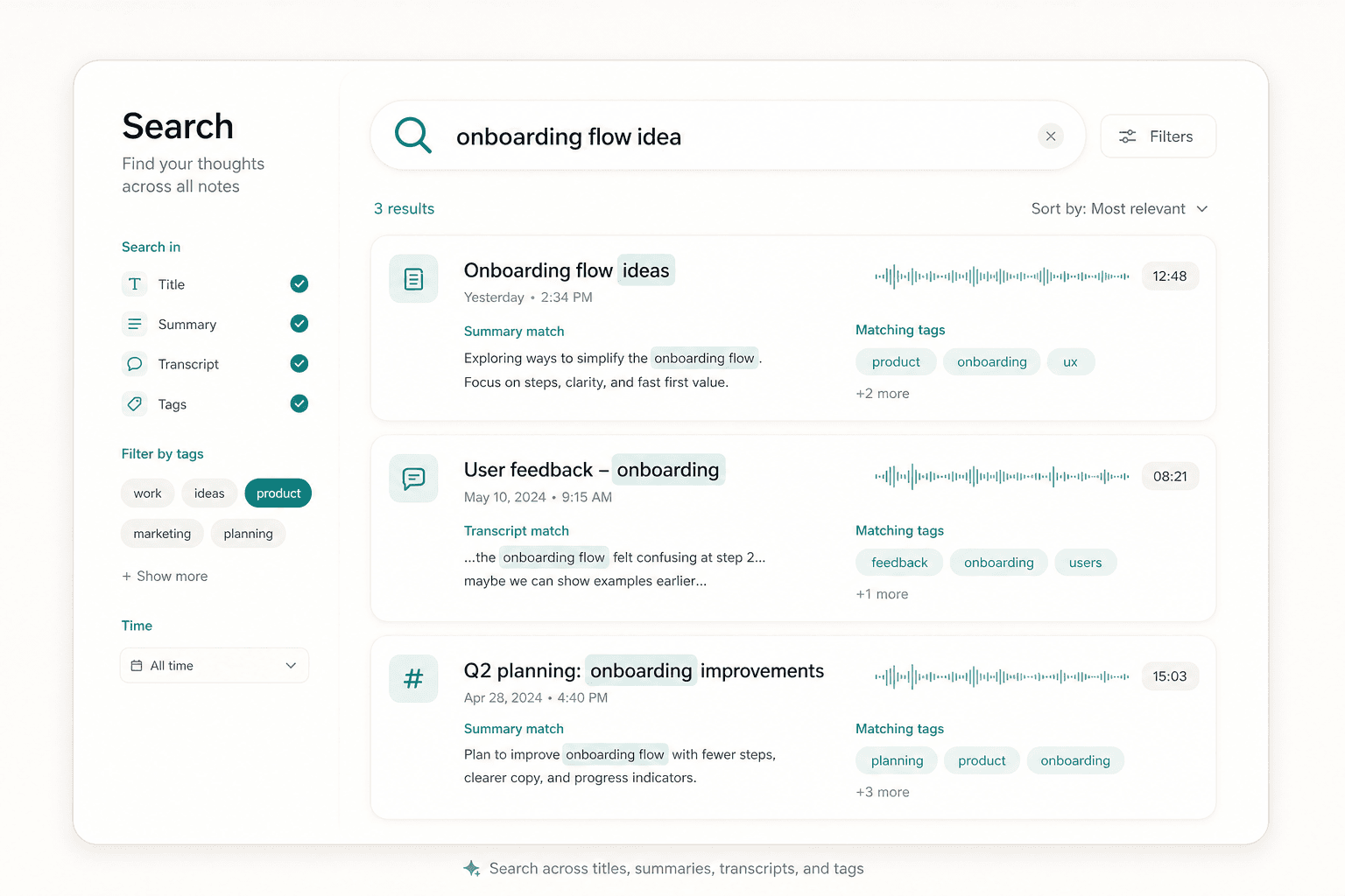Scriptor search preview showing a query across brain dump note titles, summaries, transcripts, and tags with matching results.