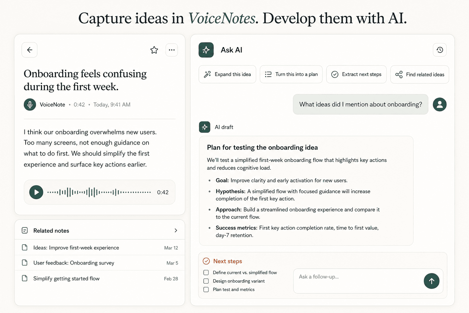 Scriptor AI chat preview showing a captured idea, prompt chips, related notes, and an AI-generated plan for developing the idea.