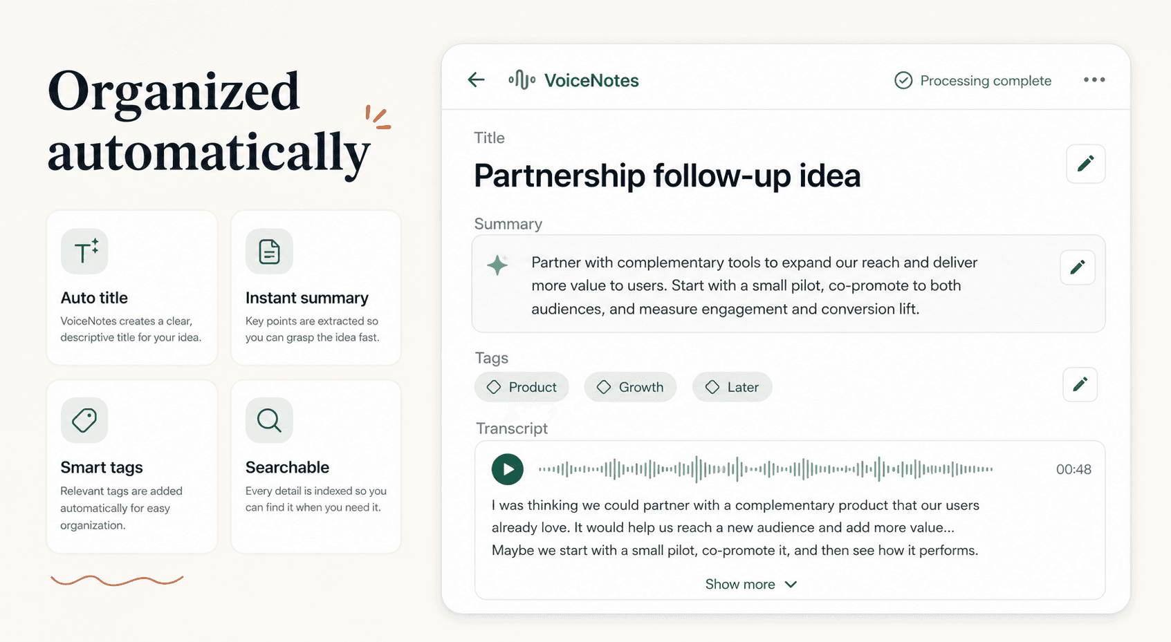 Scriptor automatic organization preview showing a captured idea with generated title, summary, tags, transcript, and searchable structure.