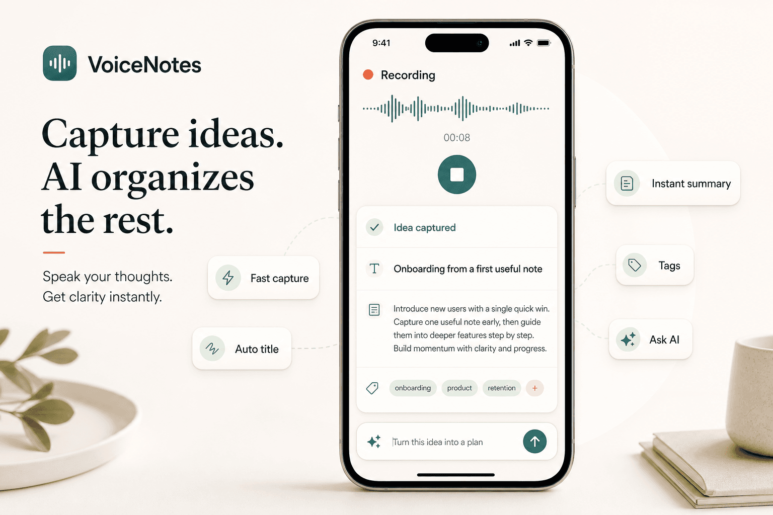 Scriptor idea capture preview showing an iPhone recording screen, a waveform, an automatically organized idea note, tags, summary, and AI prompt input.