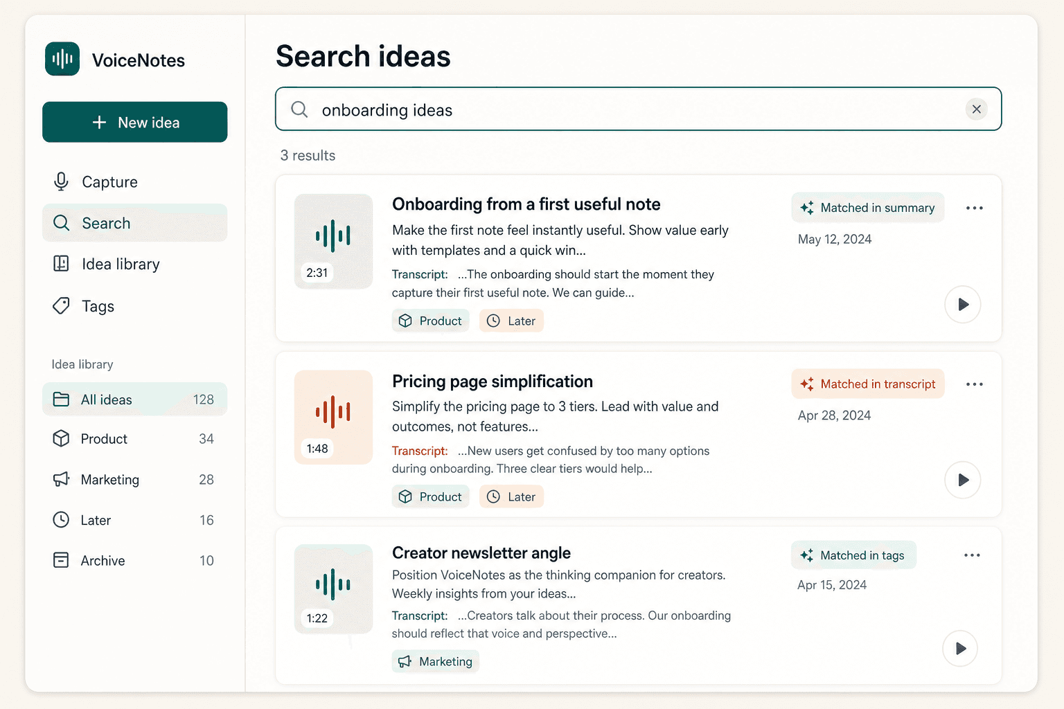 Scriptor searchable idea library preview showing search results matched by summary, transcript, and tags.