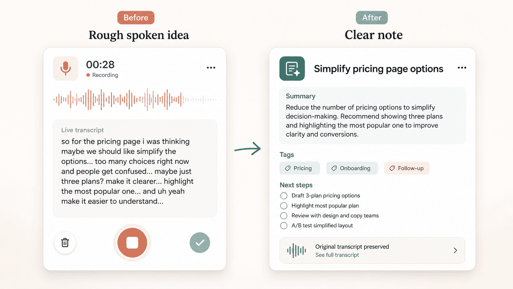 Scriptor before and after preview showing a rough spoken idea transformed into a clear note with summary, tags, next steps, and preserved transcript.