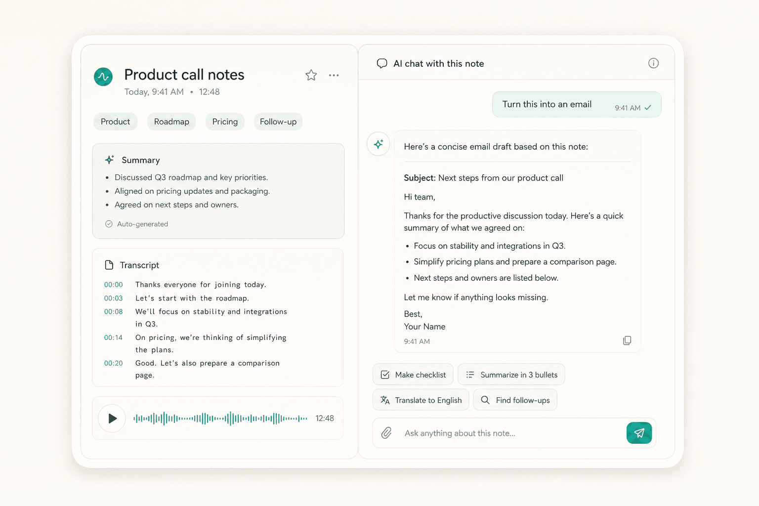 Scriptor single-note AI chat preview showing a note summary, transcript, prompt chips, and an email draft.
