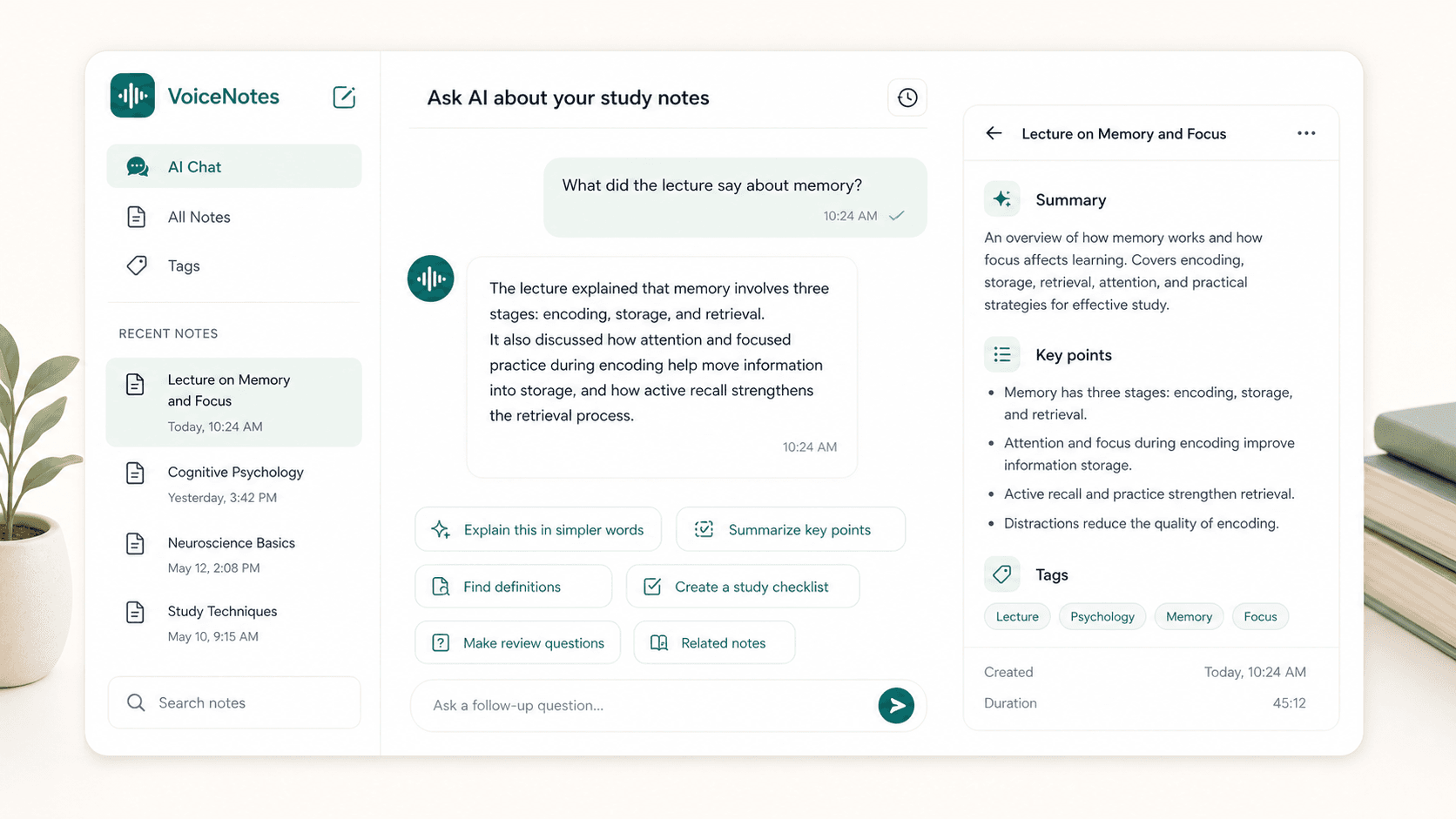 Scriptor AI chat preview showing questions about a lecture note, prompt chips, related notes, and the note summary.
