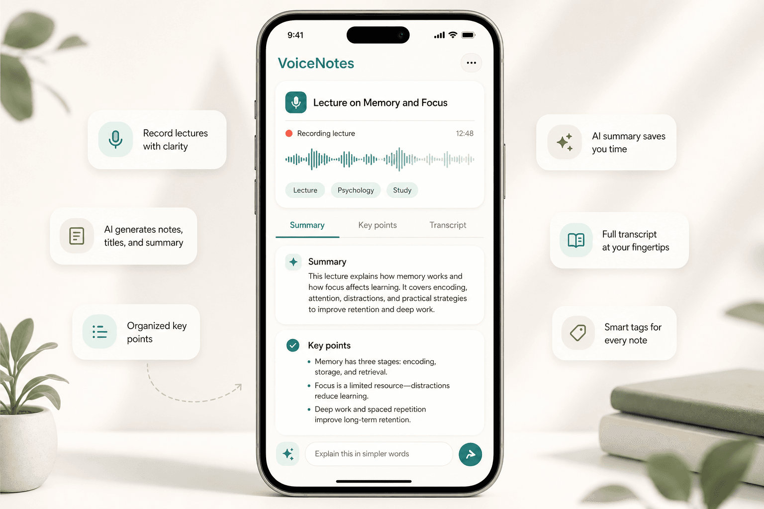 Scriptor study notes preview showing an iPhone lecture note with recording, transcript, summary, key points, tags, and an AI prompt.