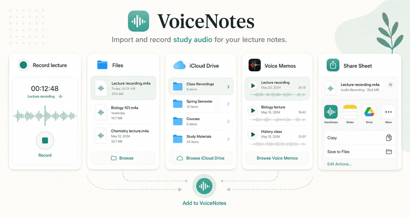 Scriptor import workflow preview showing recording, Files, iCloud Drive, Voice Memos, and Share Sheet options for study audio.