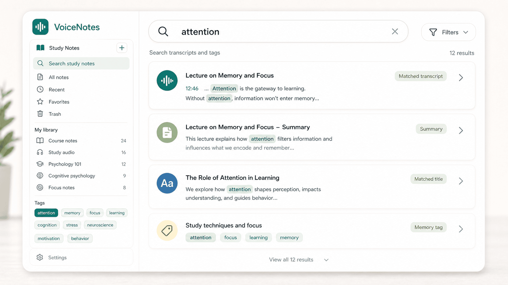 Scriptor search preview showing results across study note transcripts, summaries, titles, and tags.
