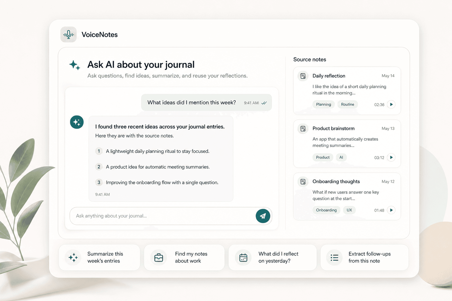 Scriptor AI chat preview showing a question across journal entries, an AI answer, source notes, and practical prompt chips.
