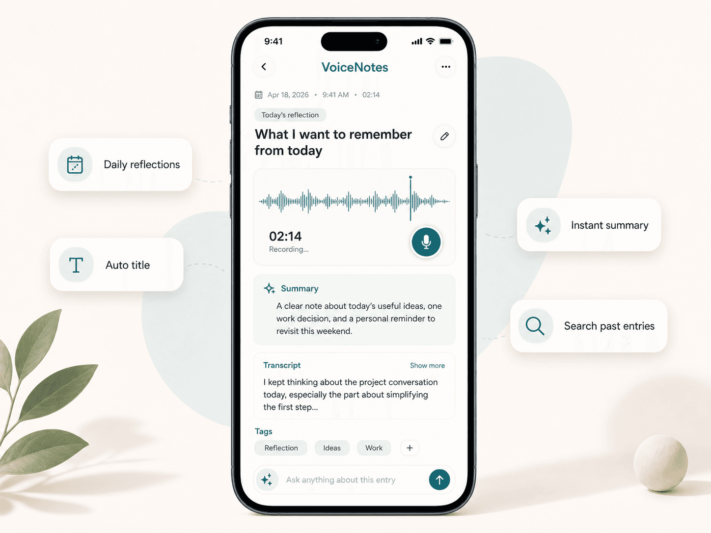 Scriptor voice journal preview showing an iPhone daily reflection entry with recording waveform, transcript, summary, tags, and AI chat input.