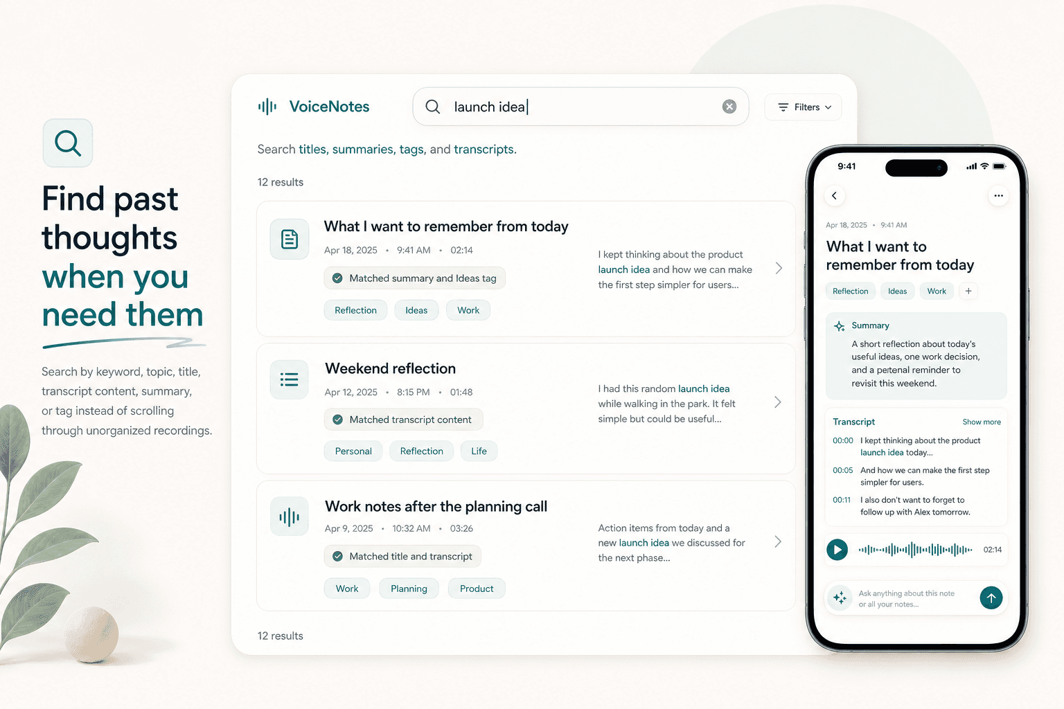 Scriptor voice journal search preview showing a query across journal titles, summaries, transcripts, and tags with matching past entries.