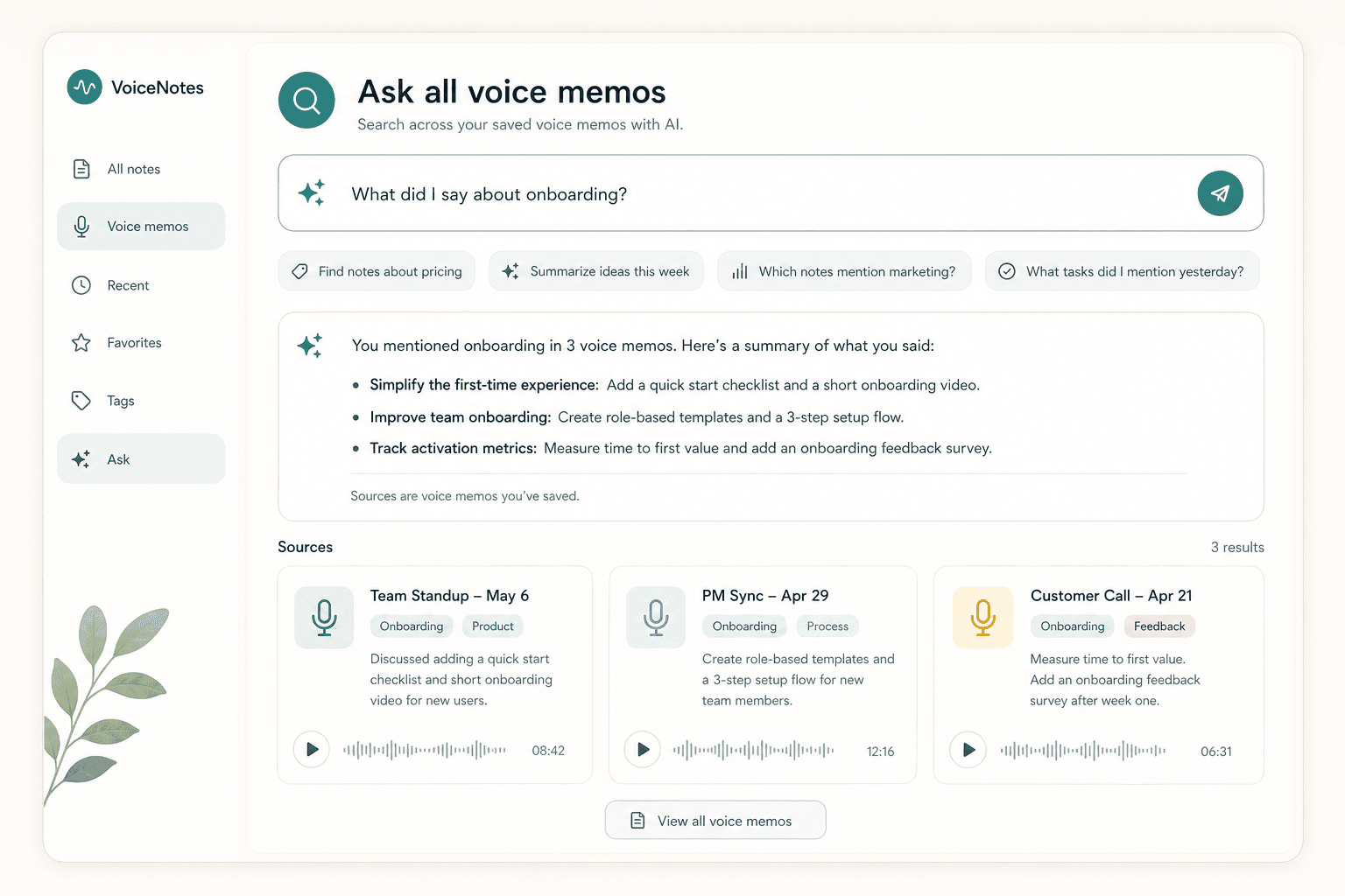 Scriptor AI search preview showing a question across all voice memos with matching source notes.