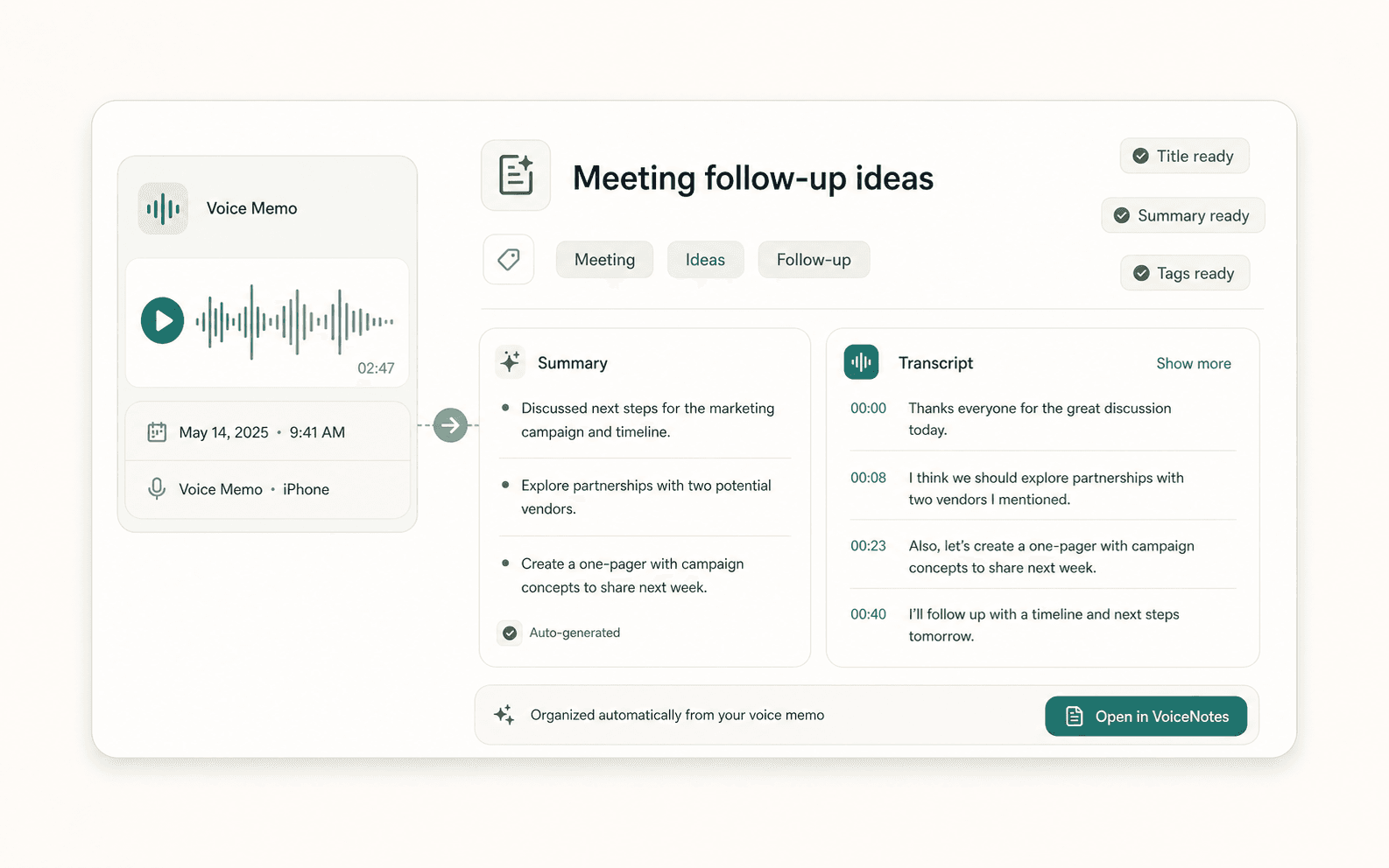 Scriptor automatic organization preview showing a voice memo converted into a titled note with summary, tags, and transcript.