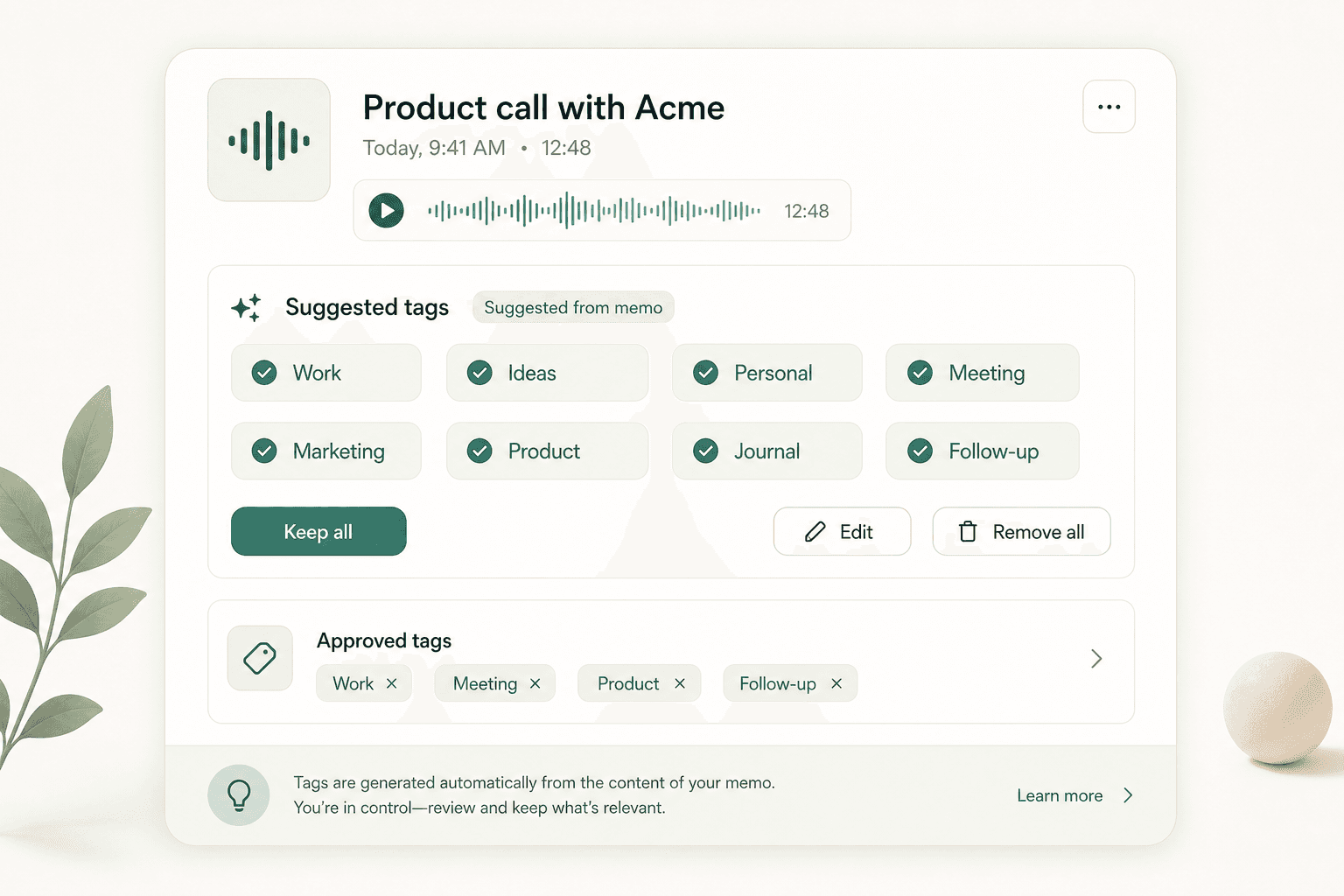 Scriptor automatic tag suggestions preview showing suggested and approved tags for a voice memo.