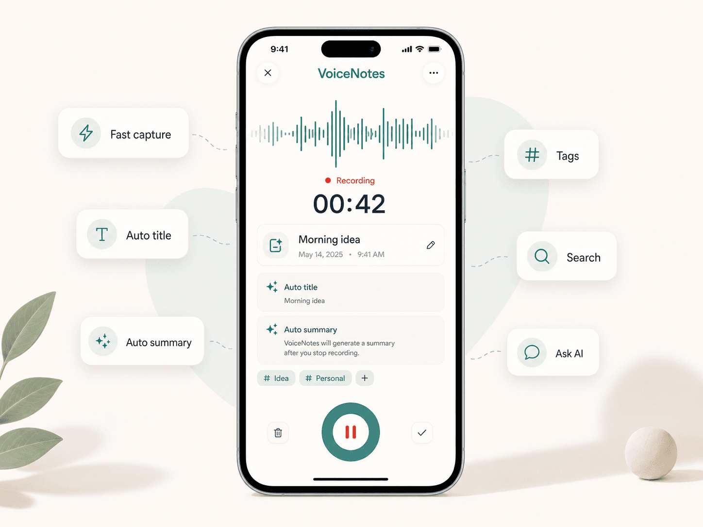 Scriptor voice memo recording preview showing a recording timer, waveform, recording controls, automatic title, automatic summary, tags, search, and AI chat.