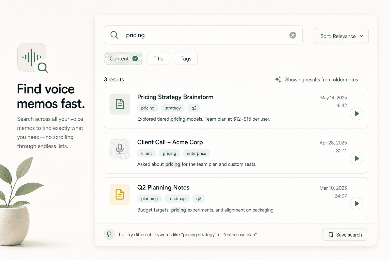 Scriptor voice memo search preview showing keyword search across content, titles, and tags.