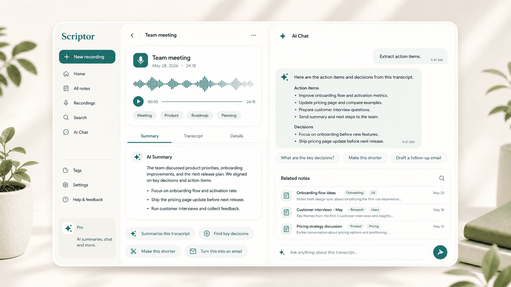 Scriptor AI chat preview showing questions about a transcript, action items, decisions, prompt chips, and related notes.