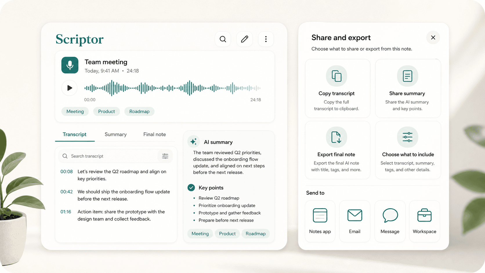 Scriptor export preview showing transcript, summary, final note, and sharing options for copying or exporting audio-to-text results.
