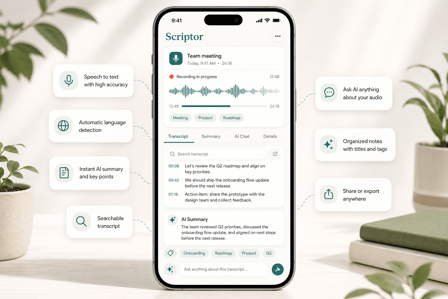 Scriptor audio to text preview showing an iPhone transcript note with waveform, transcript, AI summary, tags, and floating feature cards.