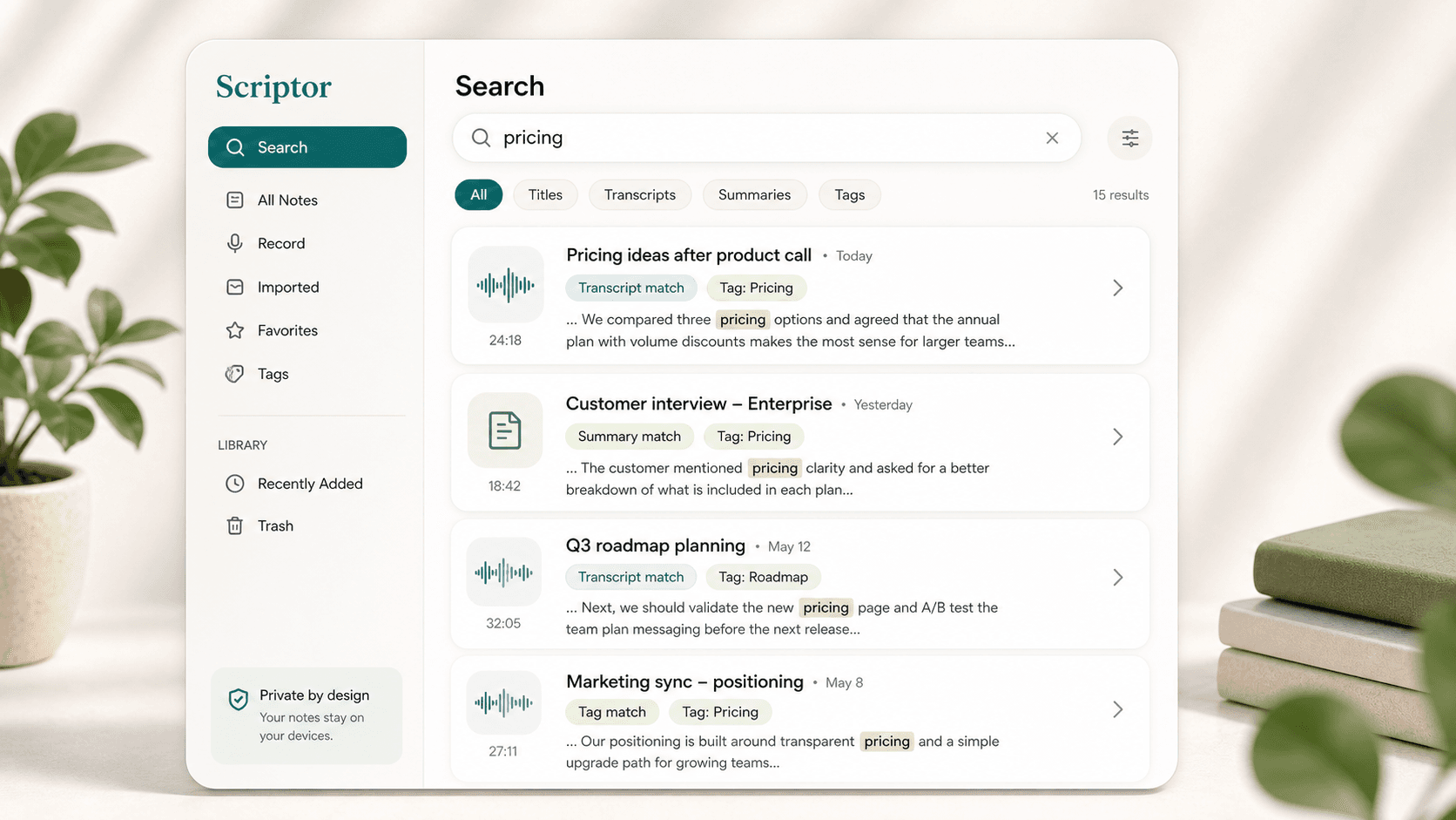 Scriptor search preview showing results across audio transcripts, summaries, titles, and tags for the query pricing.