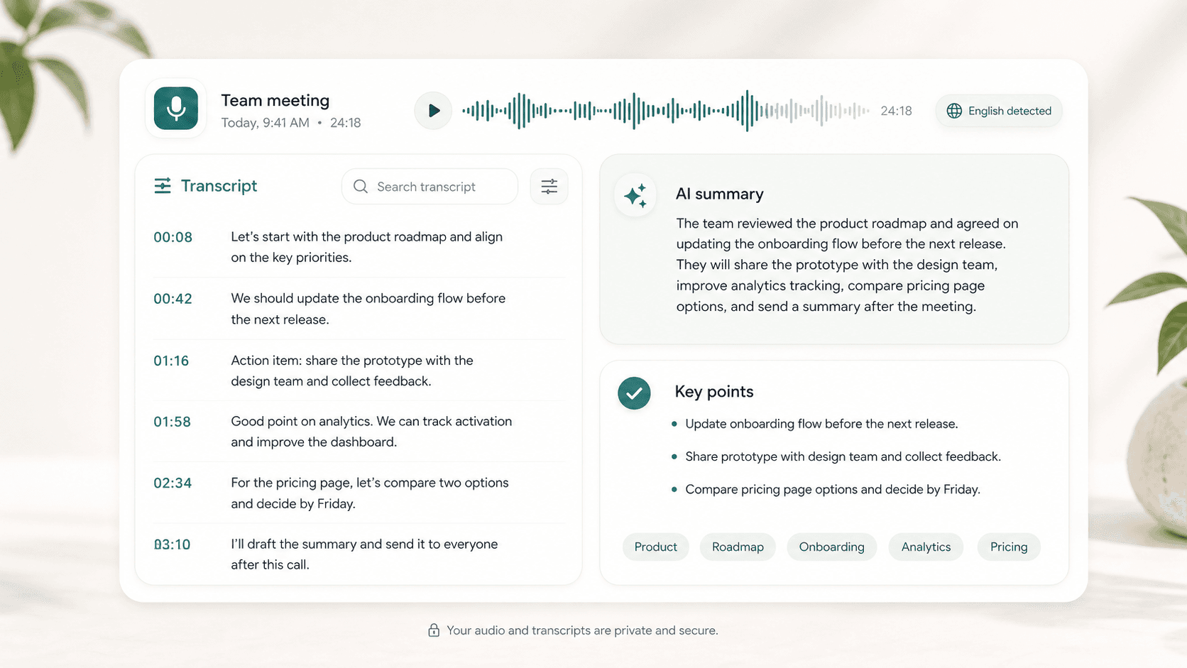 Scriptor instant summary preview showing a transcript converted into an AI summary, key points, and topic tags.
