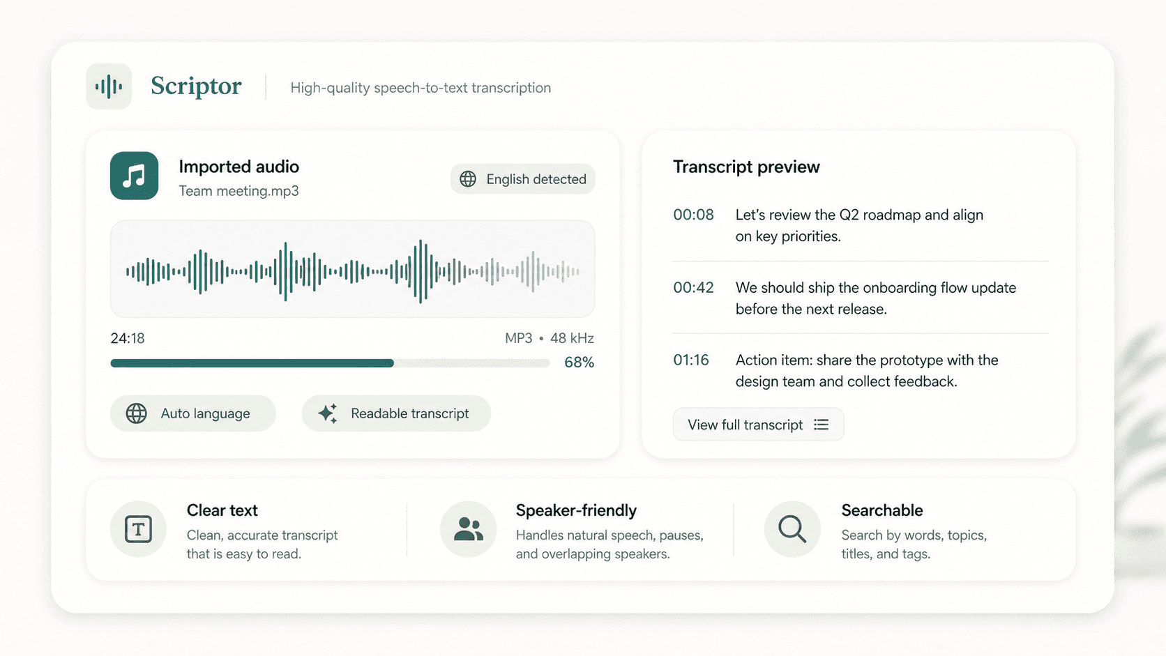 Scriptor transcription quality preview showing imported audio, automatic language detection, waveform progress, and timestamped transcript text.